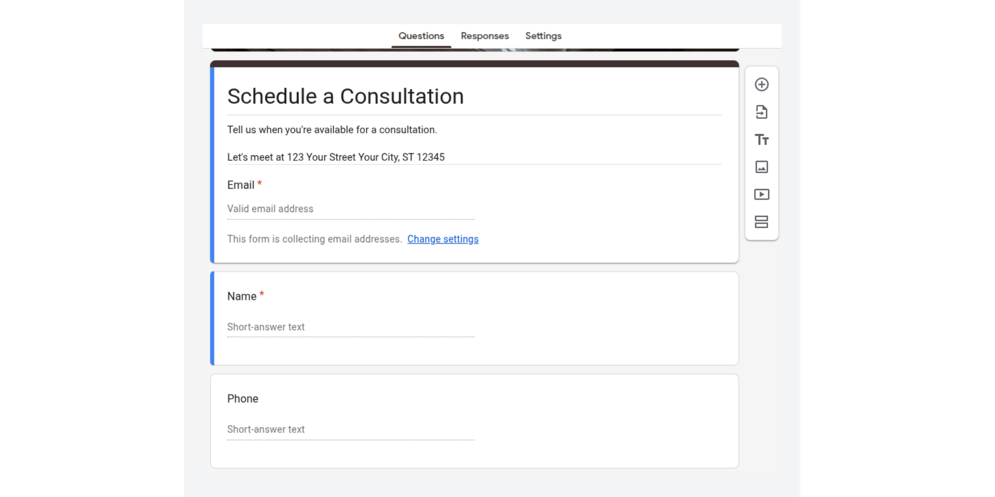 Adding questions to gather client details in Google Forms